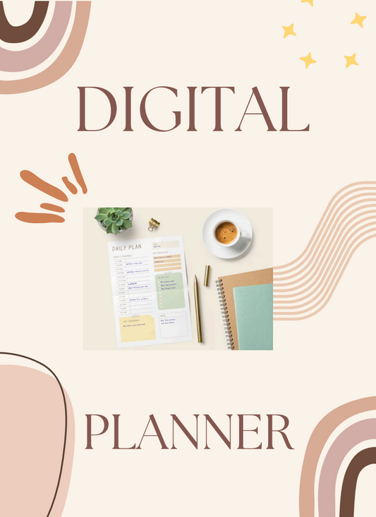 Minimalist All-in-One Digital Planner on a workspace with coffee and plants