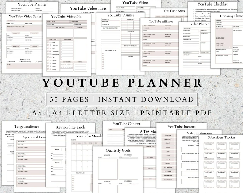 Digital YouTube Strategy Planner content layout for video planning and channel growth