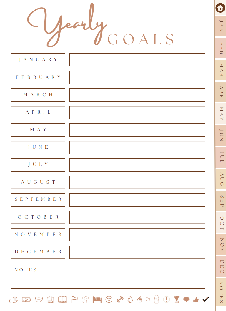 Minimalist All-in-One Digital Planner yearly goals page with monthly sections
