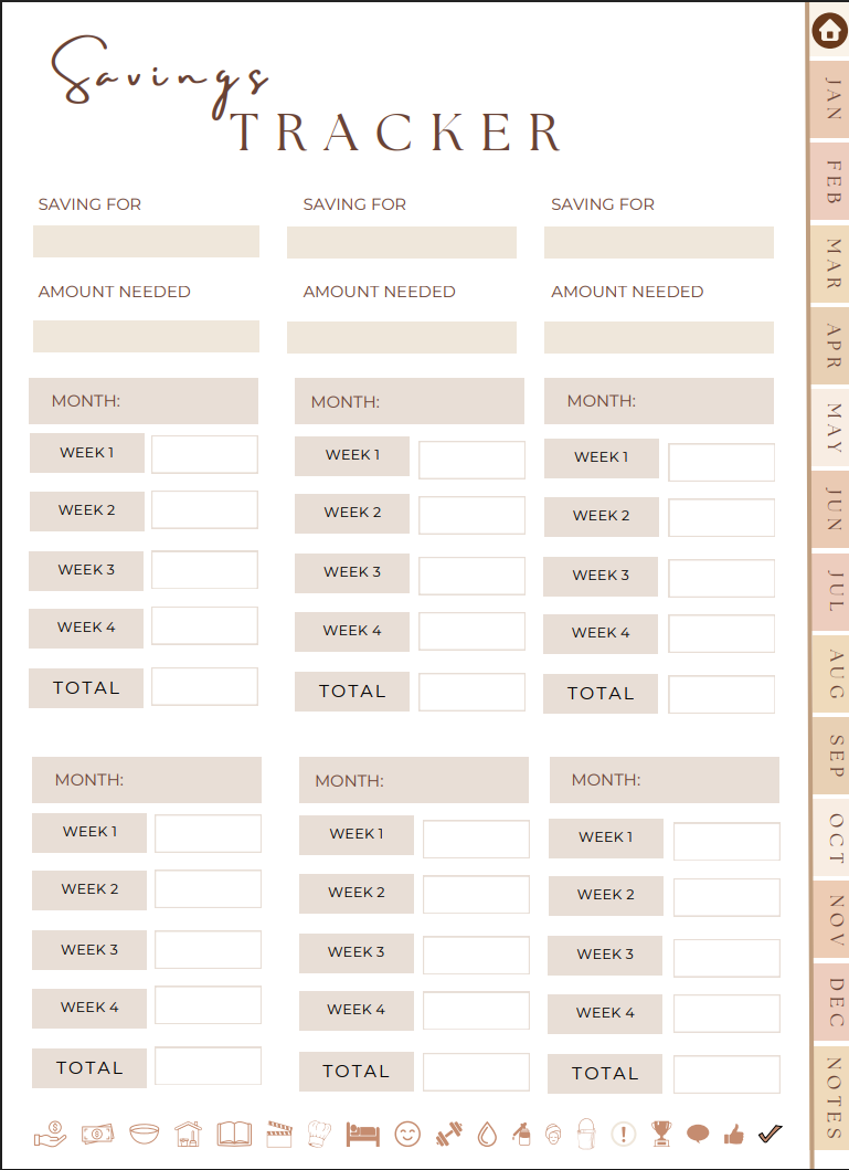 Savings Tracker page from the Minimalist All-in-One Digital Planner, offering structured saving organization.