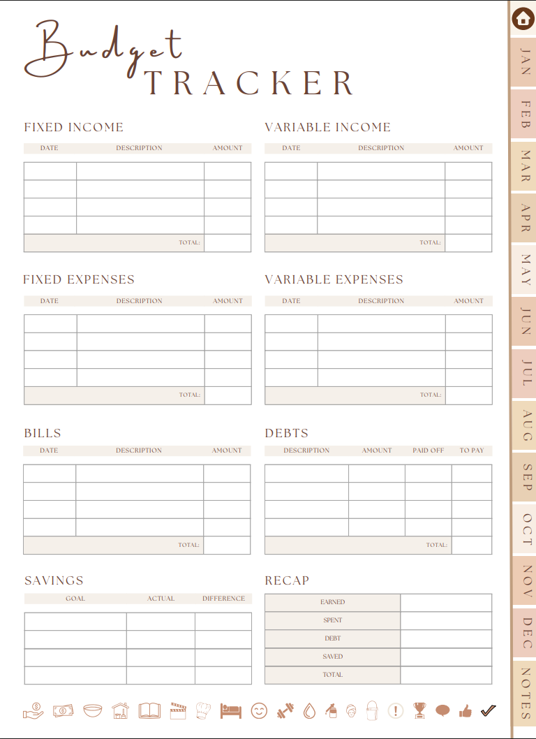 Minimalist All-in-One Digital Planner budget tracker layout for organized financial management.