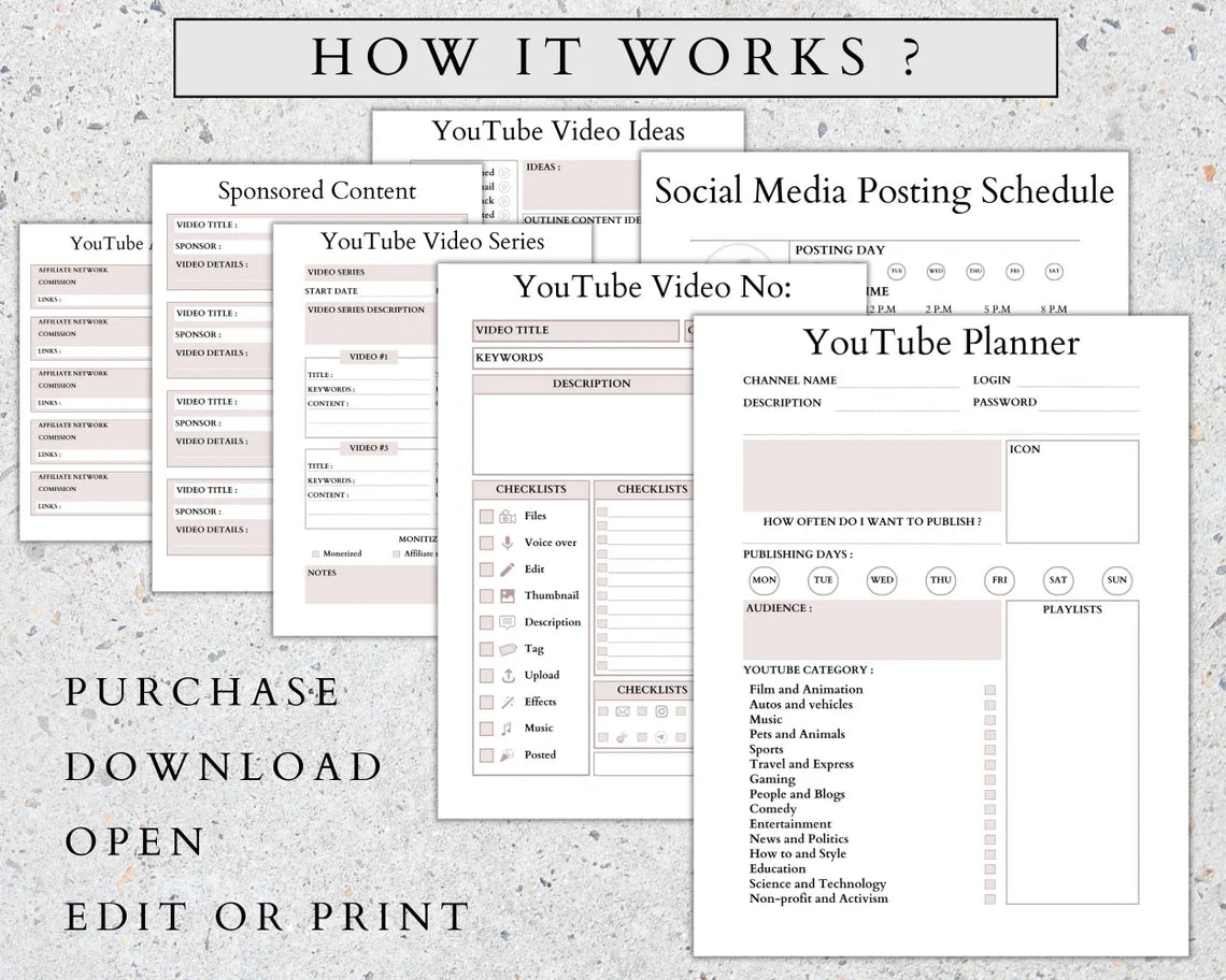 Digital YouTube Strategy Planner calendar layout for scheduling and publishing videos
