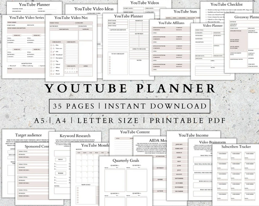 Digital YouTube Strategy Planner content layout for video planning and channel growth