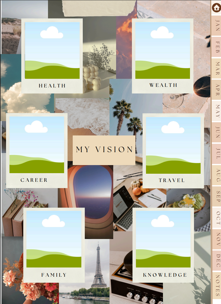Minimalist All-in-One Digital Planner vision board layout with sections for health, wealth, career,