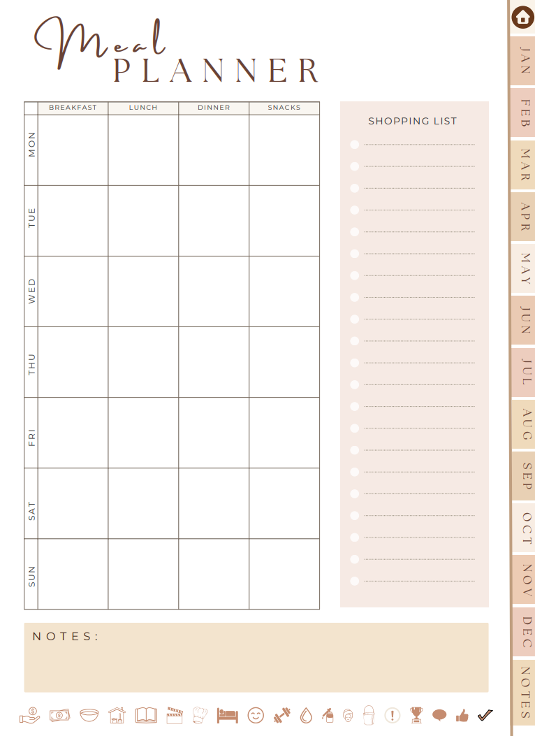 Minimalist All-in-One Digital Planner with a meal planning layout featuring a shopping list.