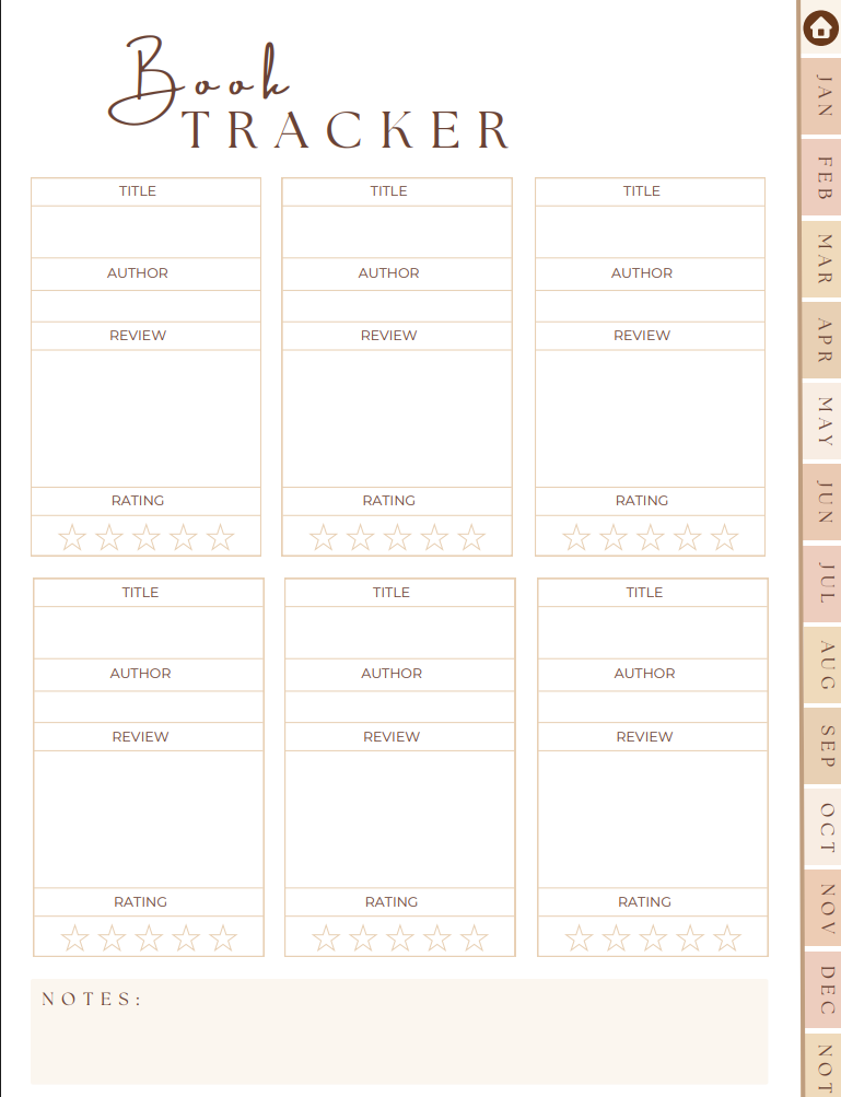 Minimalist All-in-One Digital Planner Book Tracker layout with sections for title, author, review, rating, and notes.