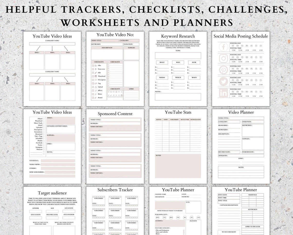 Digital YouTube Strategy Planner analytics tracking page for views, watch time, and subscribers